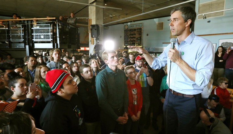 Democratic presidential candidate Beto O'Rourke visits Cargo Coffee on East Washington Avenue during a stop in Madison, Wis., Sunday, March 17, 2019.