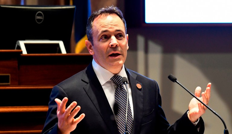 Kentucky Gov. Matt Bevin to face son of former Democratic governor in 2019 general election FILE - In this Jan. 16, 2018 file photo, Kentucky Gov. Matt Bevin speaks to a joint session of the General Assembly at the Capitol, in Frankfort.  In comments at odds with his home stateâs whiskey distillers, Bevin is downplaying fears that the European Union's retaliatory tariffs could disrupt the booming market for the Bluegrass stateâs iconic bourbon industry. âThereâs always the potential for some type of impact, but I donât think it will be a tremendous impact,â Bevin said when asked about tariffs during a TV interview this week with Bloomberg.
