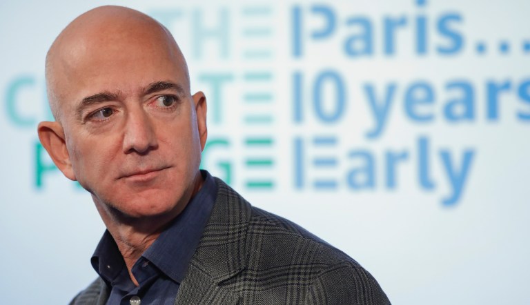 Amazon CEO Jeff Bezos speaks during his news conference at the National Press Club in Washington, Thursday, Sept. 19, 2019. Bezos announced the Climate Pledge, setting a goal to meet the Paris Agreement 10 years early.
