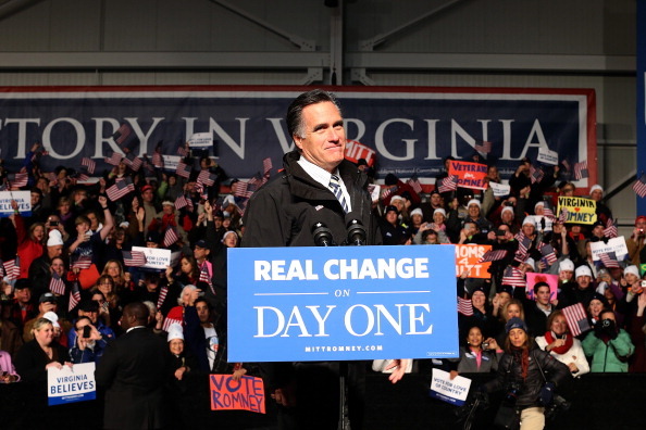 NEWPORT NEWS, VA - NOVEMBER 04: Republican presidential candidate, former Massachusetts Gov. Mitt Romney speaks during a campaign rally at the Smithfield Foods Hangar on November 4, 2012 in Newport News, Virginia. With two days before election day, Mitt Romney is campaigning in swing states across the country. (Photo by Justin Sullivan/Getty Images)