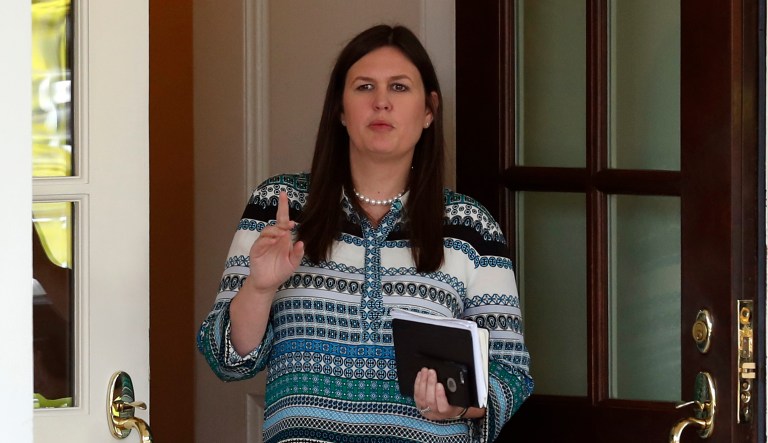 Newly appointed White House press secretary Sarah Sanders used her first solo on-camera briefing to read reporters a letter from a nine-year-old child to President Trump. (AP Photo/Alex Brandon)