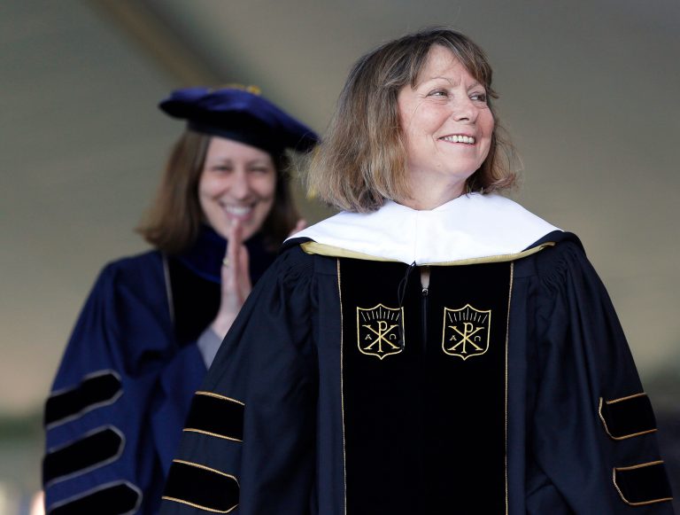 Jill Abramson, former executive editor of The New York Times, receives an honorary Doctor of Humane Letters degree during the commencement ceremony Monday, May 19, 2014 at Wake Forest University in Winston-Salem, N.C. It was Abramson's first public appearance since her dismissal from The New York Times. (AP Photo/Nell Redmond)