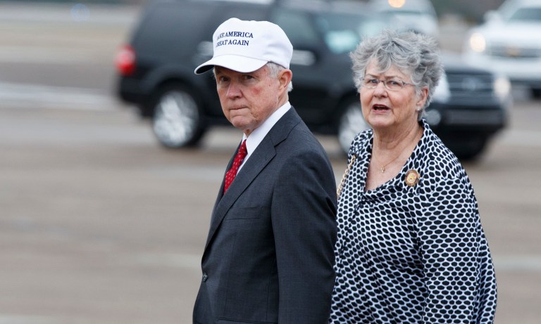 Sen. Jeff Sessions joined President-elect Trump in Mobile, Ala. (AP Photo/Evan Vucci)