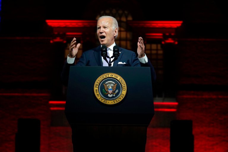 President Joe Biden speaks outside Independence Hall, Thursday, Sept. 1, 2022, in Philadelphia.