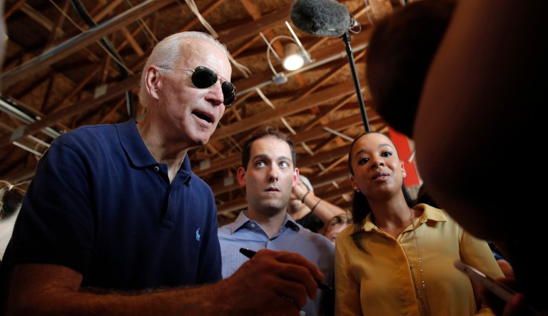 Democratic presidential candidate former Vice President Joe Biden signs pictures at the Iowa State Fair, Thursday, Aug. 8, 2019, in Des Moines, Iowa.