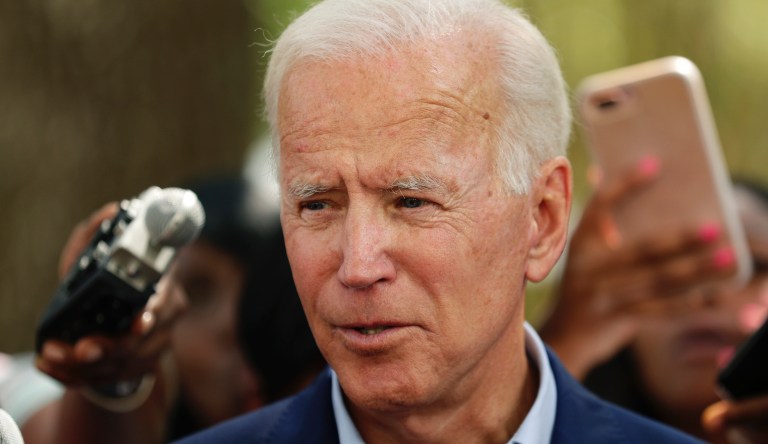 Former Vice President Joe Biden speaks to members of the press following a visit with students on the campus of Texas Southern University Friday, Sept. 13, 2019, in Houston.                                                                                                                                                                                                                                                                                                                             