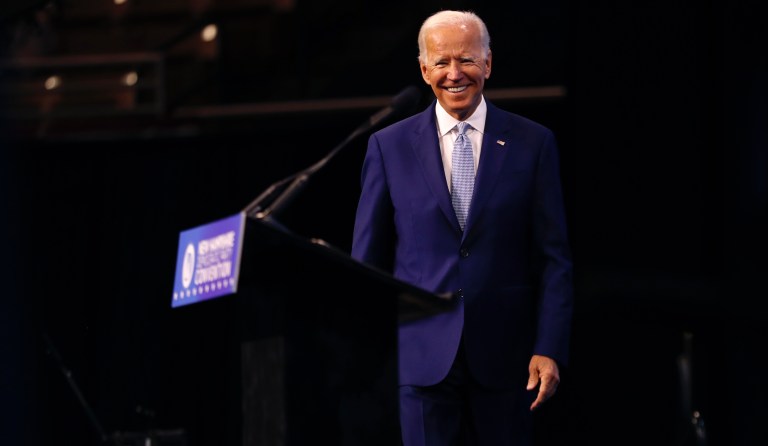 Democratic presidential candidate former Vice President Joe Biden arrives on stage to speak at the New Hampshire state Democratic Party convention, Saturday, Sept. 7, 2019, in Manchester, NH. 
