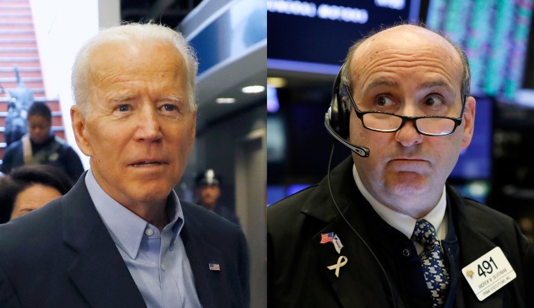 Joe Biden is pictured alongside a trader at the New York Stock Exchange.