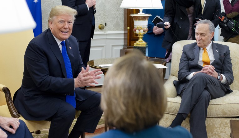 A bipartisan coalition could pass a lot more than just the First Step Act U.S. President Donald Trump, speaks while House Minority Leader Nancy Pelosi, a Democrat from California, center, and Senate Minority Leader Chuck Schumer, a Democrat from New York, listen during a meeting at the Oval Office of the White House in Washington, D.C., U.S., on Tuesday, Dec. 11, 2018. If Trump sticks to his demand for $5 billion in funding for a wall on the U.S. border with Mexico, he will get no wall and a shutdown, Schumer told reporters after the meeting.