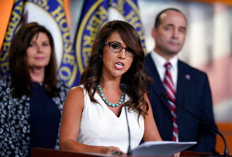 In this June 23, 2021, photo, Rep. Lauren Boebert speaks at a news conference at the Capitol in Washington. A federal judge has ruled that Boebert does not have to unblock former Colorado state Rep. Bri Buentello, a Democrat, from her personal Twitter account. District Court Judge Daniel Domenico said last week that Boebert didn't violate Beuntello's free speech rights because Buentello was blocked from Boebert's personal Twitter account, not a government account.