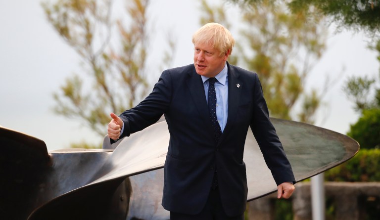 Britain's Prime Minister Boris Johnson arrives at the Biarritz lighthouse, southwestern France, ahead of a working dinner Saturday, Aug.24, 2019. 