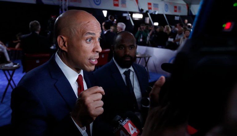 Sen. Cory Booker, D-N.J., answers questions after the second of two Democratic presidential primary debates hosted by CNN Thursday, Aug. 1, 2019, in the Fox Theatre in Detroit.