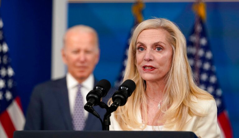 Federal Reserve Board Governor Lael Brainard participates in an open meeting in Washington, Thursday, June 14, 2018. The board is meeting to discuss the final rule to establish single-counterparty credit limits for large U.S. bank holding companies and foreign banks. 