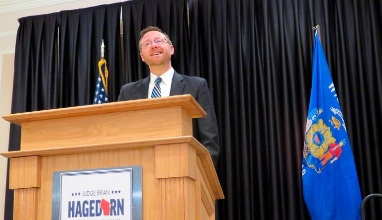Wisconsin Supreme Court candidate Brian Hagedorn speaks at a news conference Wednesday, April 3, 2019, in Pewaukee, Wis.