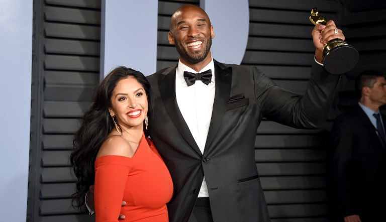 Vanessa Bryant, left, and Kobe Bryant, winner of the award for best animated short for "Dear Basketball", arrive at the Vanity Fair Oscar Party on Sunday, March 4, 2018, in Beverly Hills, Calif.