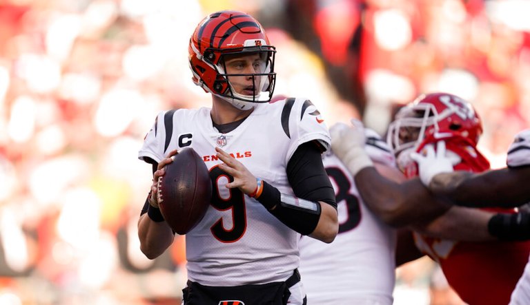 Cincinnati Bengals quarterback Joe Burrow throws during the AFC championship NFL football game against the Kansas City Chiefs Sunday, Jan. 30, 2022, in Kansas City, Mo.