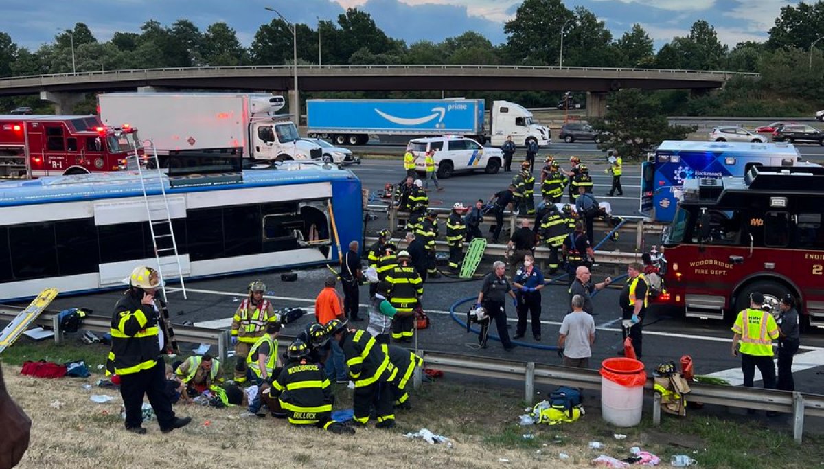 One dead and several injured after bus overturns on New Jersey Turnpike