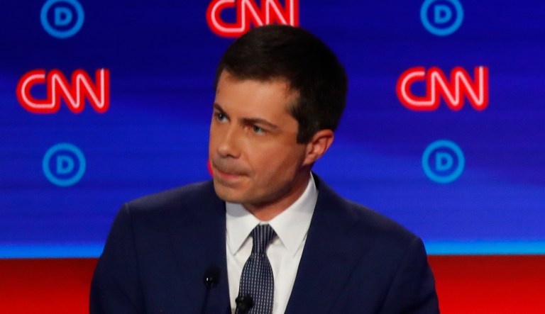 Sen. Bernie Sanders, I-Vt., and South Bend Mayor Pete Buttigieg participate in the first of two Democratic presidential primary debates hosted by CNN Tuesday, July 30, 2019, at the Fox Theatre in Detroit.