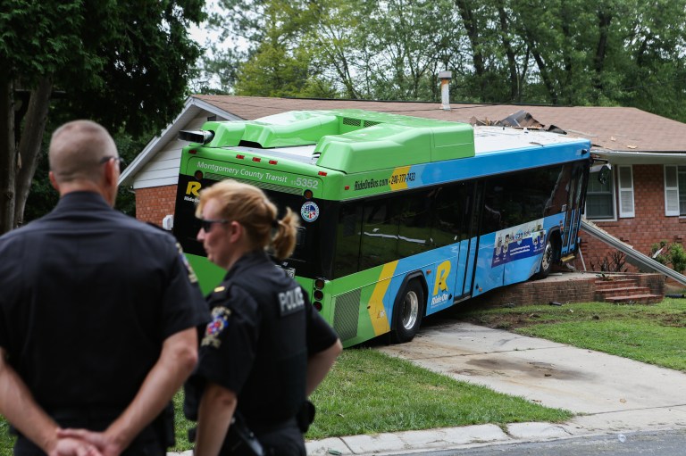 A Montgomery Transit Ride on Bus crashed through the front of a house in Silver Spring.