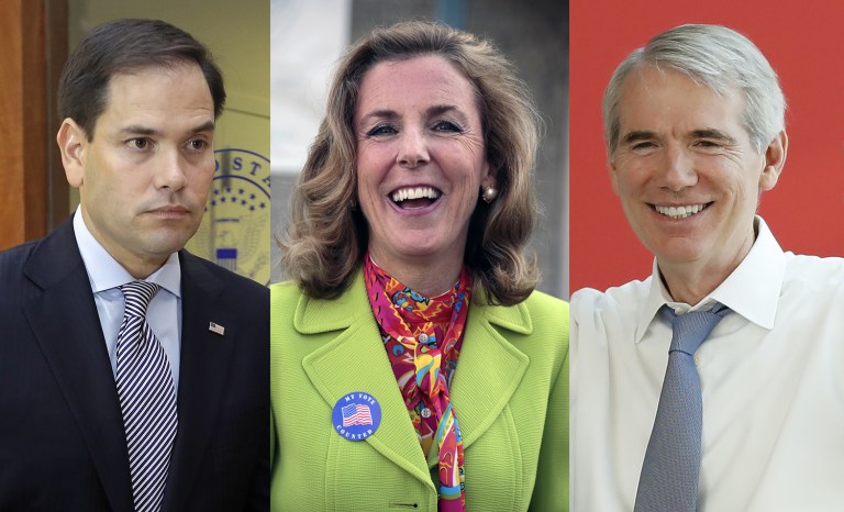 Republican Sen. Marco Rubio is ahead of Democratic Rep. Patrick Murphy in Florida by 3 points. In Pennsylvania, Democratic challenger Katie McGinty has pulled ahead of GOP incumbent Pat Toomey by a 3-point margin and Sen. Rob Portman is in decent standing against former Gov. Ted Strickland in the Ohio Senate race. (AP Photo/Jacqueline Larma)