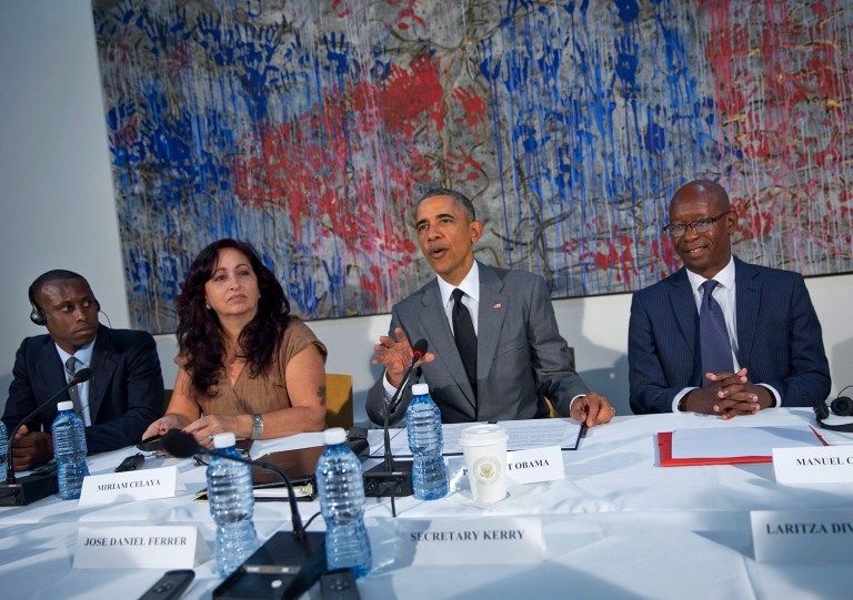 President Obama meets with dissidents and other local Cubans. From left are., Nelson Alvarez Matute, Miriam Celaya Gonzalez, and Manuel Cuesta Morua. (AP Photo/Pablo Martinez Monsivais)