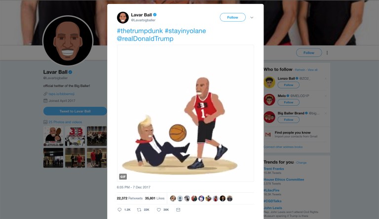 LaVar Ball, father of one of the college basketball players arrested in China for shoplifting, tweeted a GIF Thursday of a cartoon version of himself dunking on President Trump. (screenshot)