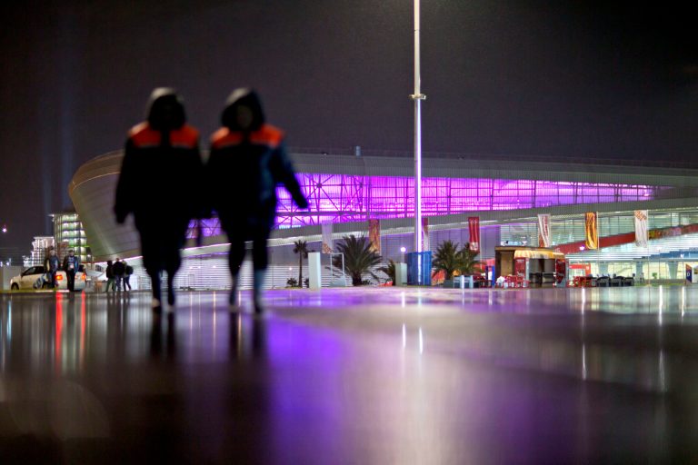 Adler Arena, site of the long track speed skating competitions at the 2014 Winter Olympics, is lit up at night in the Olympic Park, Friday, Jan. 31, 2014, in Sochi, Russia. (AP Photo/David Goldman)
