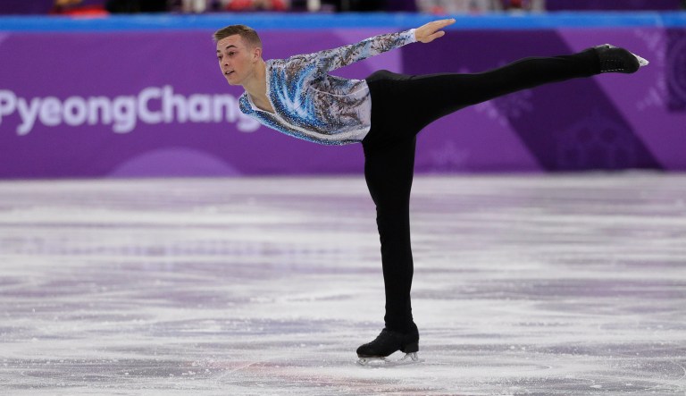 Adam Rippon performs in the men's single skating free skating at the 2018 Winter Olympics in South Korea. The figure skater is one of the first openly gay Team USA athletes to compete in the Winter Olympics, and Rippon has criticized Vice President Mike Pence and the Trump administration for their views on gay rights. (AP Photo/David J. Phillip)