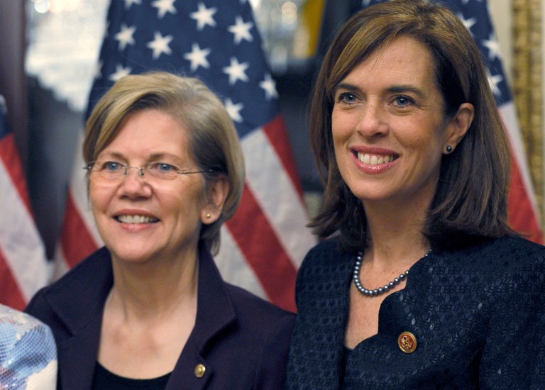 Sen. Elizabeth Warren, D-Mass., and Rep. Katherine Clark, D-Mass., offered the bill along with dozens of their Democratic colleagues in the House and Senate on Monday. (AP Photo/Susan Walsh)