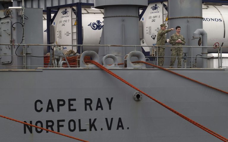 The American ship MV Cape Ray arrived Thursday at the Spanish naval base of Rota for crew rest and refueling ahead of an unprecedented mission to collect and destroy highly toxic substances that form part of Syria's chemical weapons program. (AP image)