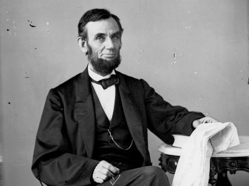 This image provided Thursday, June 18, 2009 by Chicago's Abraham Lincoln Book Shop Inc. shows an image made from an Aug. 1863 glass plate negative of President Abraham Lincoln at a portrait studio in Washington, D.C. (AP Photo)