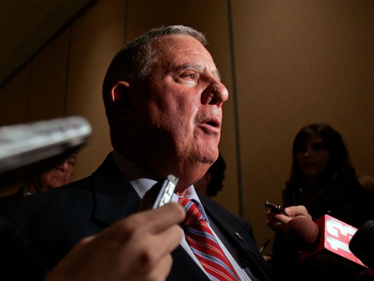 New York Republican Party Chairman Joseph Mondello talks to reporters in N.Y. (AP Photo/Mike Groll)