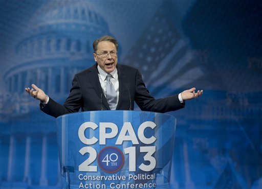 National Rifle Association CEO Wayne LaPierre gestures as he speaks at the 40th annual Conservative Political Action Conference in National Harbor.  (AP Photo/Manuel Balce Ceneta)