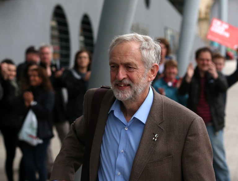 Jeremy Corbyn arrives to take part in a Labour party leadership debate at the Sage in Gateshead, England, Thursday, Sept. 3, 2015. (AP Photo/Scott Heppell)
