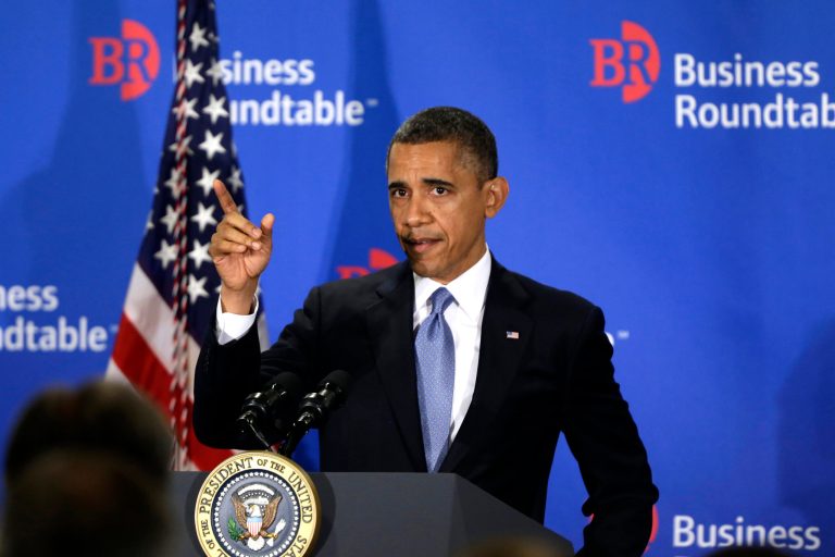   President Barack Obama gestures as he asks if the back of the room could hear him after the podium microphone stopped working while he was speaking about the fiscal cliff during an address before the Business Roundtable, an association of chief executive officers, Wednesday, Dec. 5, 2012, in Washington. (AP Photo/Charles Dharapak)  