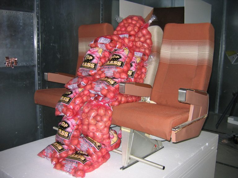   This 2006 photo provided by Boeing Co. shows early dielectric substitution testing using potatoes in a Boeing Test & Evaluation laboratory in Arizona. Boeing has developed an advanced method to test wireless signals in airplane cabins, making it possible for passengers to enjoy more reliable connectivity when using networked personal electronic devices in the air. Employing an odd mix of the low-tech and the high-tech, Boeing loaded a plane with sacks of potatoes as part of testing it did to eliminate weak spots in in-flight wireless signals. Engineers determined radio waves bounce off the spuds much the same way they do with human bodies. Thus, the aircraft makerâs researchers were able to spare people from having to sit motionless for many hours while data was collected. (AP Photo/Courtesy of Boeing Co.)  