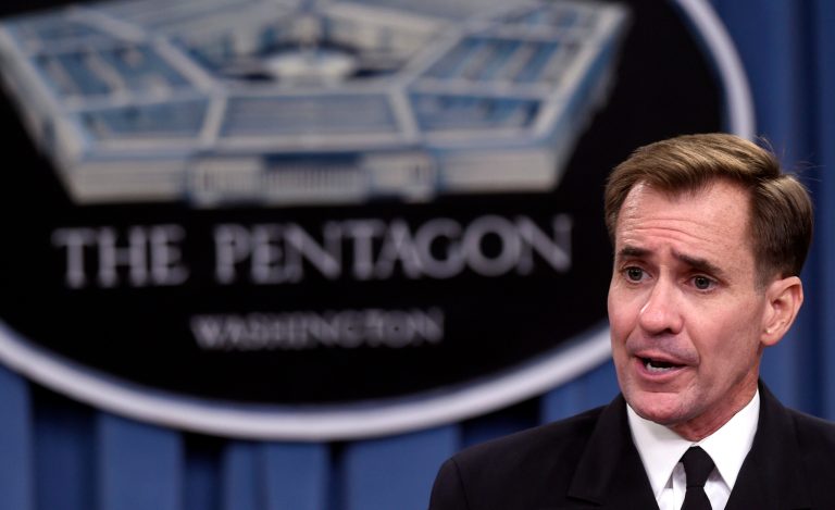 Pentagon press secretary Navy Rear Adm. John Kirby speaks during a briefing at the Pentagon on Tuesday. (AP/Susan Walsh)