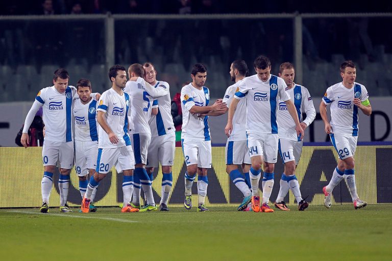 FC Dnipro Dnipropetrovsk players celebrate a goal during a UEFA Europa League soccer game. (Gabriele Maltinti/Getty Images)