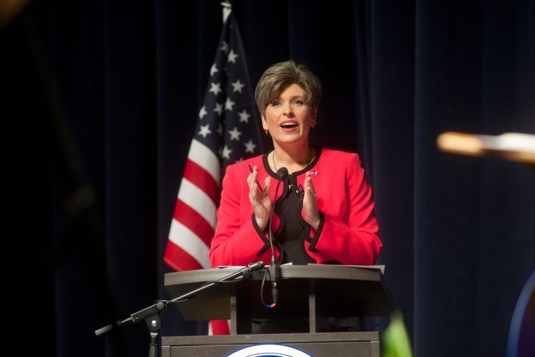 Republican state Sen. Joni Ernst debates U.S. Rep. Bruce Braley, D-Iowa, at the Galvin Fine Arts Center on October 11, 2014 on the campus of St. Ambrose University in Davenport. The Republican's performance was less than stellar, according to the Washington Examiner's Byron York. (Photo by David Greedy/Getty images)