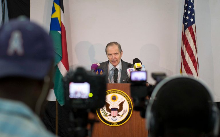   United States Special Envoy to the Sudan region, Princeton Lyman, speaks to the media after a series of high-level meetings with the government in Juba, South Sudan Friday, Dec. 14, 2012. Lyman, who is due to step down in January after two years in the post, said Friday that new security demands raised by Sudan are blocking the implementation of a peace and security deal with South Sudan. (AP Photo/Mackenzie Knowles-Coursin)  