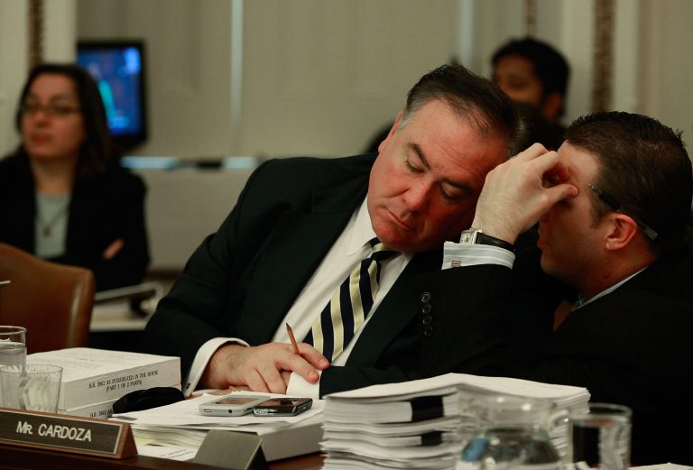 WASHINGTON - NOVEMBER 06: Rep. Dennis Cardoza (D-CA) speaks with an aide during a House Rules Committee meeting on Capitol Hill November 6, 2009 in Washington, DC. The committee met to discuss a rule on the H.R.3962, Affordable Health Care for America Act.  (Photo by Mark Wilson/Getty Images)