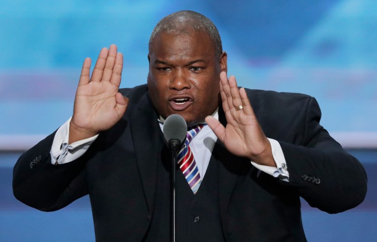 Pastor Mark Burns said Monday that he is sorry if he caused offense by posting a cartoon to social media depicting Hillary Clinton in blackface. (AP Photo/J. Scott Applewhite)