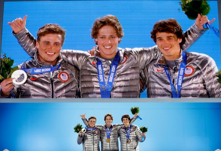 Men's slopestyle skiing medalists, from left, Gus Kenworthy, silver, Joss Christensen, gold, and Nicholas Goepper, bronze, all from the United States, pose with their medals at the 2014 Winter Olympics in Sochi, Russia, Thursday, Feb. 13, 2014.  (AP Photo/David Goldman)