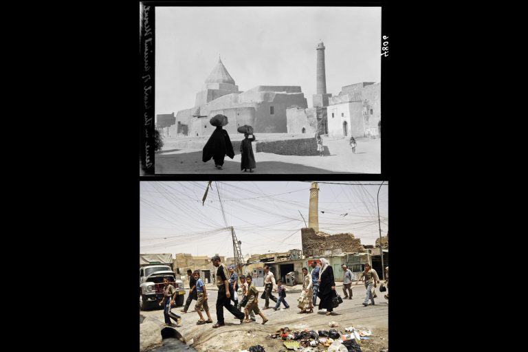 This combination of two photographs shows a 1932 image of the Crooked Minaret mosque next to a Yazidi shrine in Mosul, northern Iraq, from the Library of Congress, top, and the same site, without the shrine, on June 8, 2009. In July, Islamic State militants failed to destroy the 840-year old Crooked Minaret that leans like Italy's Tower of Pisa when residents sat on the ground and linked arms to form a human chain. (AP Photo)