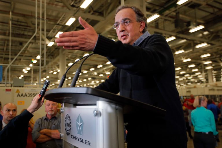 Chrysler Group LLC Chairman and CEO Sergio Marchionne speaks with the media after the dedication a of transmission manufacturing facility in Tipton, Ind., Tuesday, May 13, 2014. (AP Photo/AJ Mast)