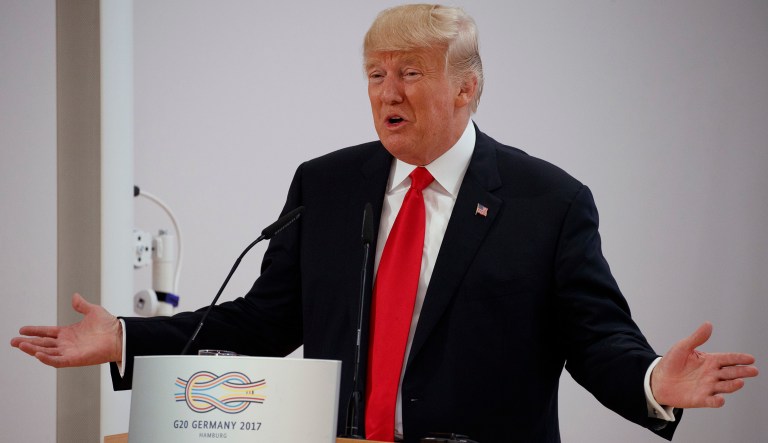 President Trump speaks during the G-20 summit, Saturday, July 8, 2017, in Hamburg, Germany. (AP Photo/Evan Vucci)