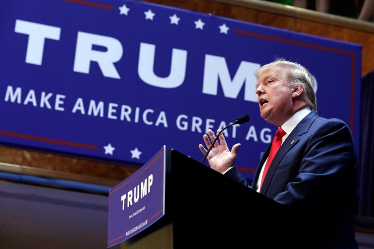 FILE - In this June 16, 2015 file photo, Donald Trump announces he will run for president of the United States, in the lobby of Trump Tower in New York. Trumpâs been telling Americans for nearly three decades that heâs what they really need in the White House, a business-hardened dealmaker-in-chief. Now that heâs actually running for president, Trump gets to say it Thursday night from center stage and in prime-time as the top-polling candidate in the first Republican presidential debate of the 2016 campaign.  (AP Photo/Richard Drew, File)