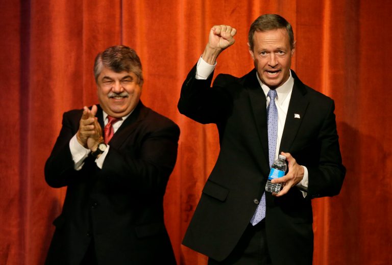 National AFL-CIO President Richard Trumka, left, with Democratic presidential candidate, former Maryland Gov. Martin O'Malley. The AFL-CIO chipped in $40,000 to advocacy group Americans United for Change. (AP Photo/Charlie Neibergall)