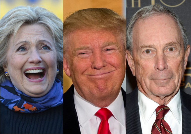 A three-way matchup between Hillary Clinton, Donald Trump and Michael Bloomberg would end in Trump's favor, according to a new poll. (AP Photos)