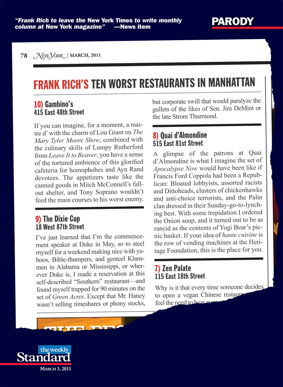 Frank Rich’s Ten Worst Restaurants in Manhattan